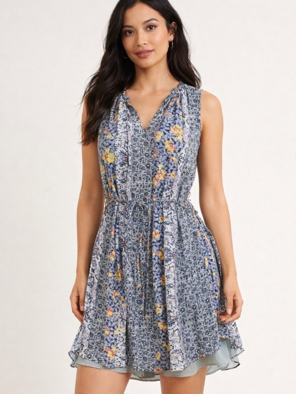 LOFT Floral Sleeveless Dress Boho Patchwork Print Tie Waist Flowy Mini Small